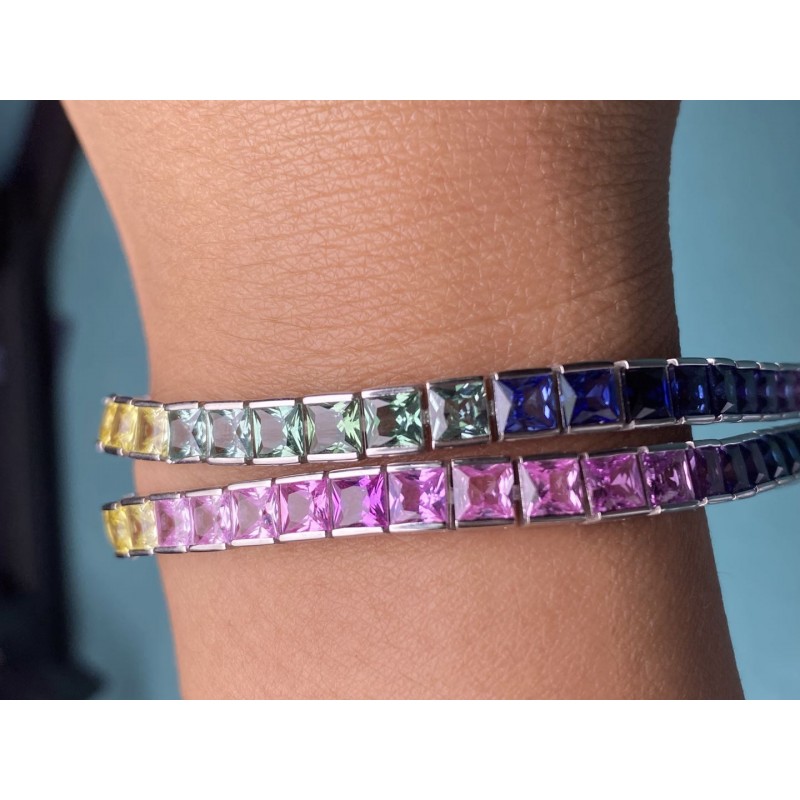 Ruif Jewelry Classic Design Rainbow Sapphire Bracelet S925 Silver 4x4mm Princess Cut Lab Created Sapphire Bracelet