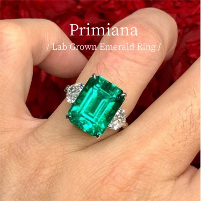 Ruif Jewelry Customized PT950 10.12ct Lab Grown Emerald Ring With DEF Lab Grown Diamond Band Jewelry for Women