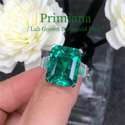 Ruif Jewelry Customized PT950 14.62ct Lab Grown Emerald Ring With DEF Lab Grown Diamond Band Jewelry for Women