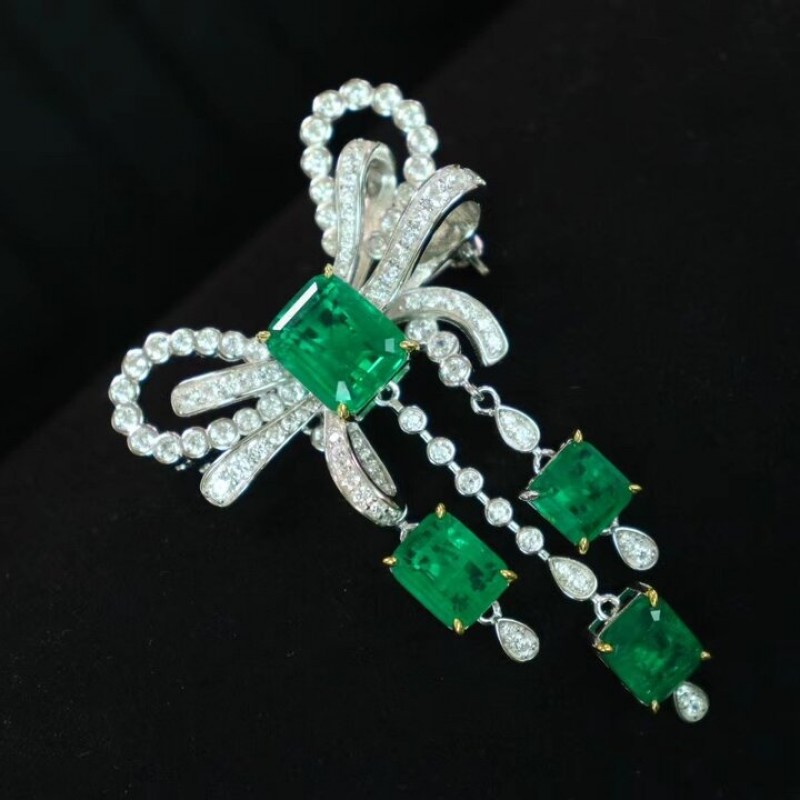 Ruif Jewelry 42x70mm Bow Brooch S925 Silver Emerald Green Color Brooch Cubic Zircona Fashion Jewelry