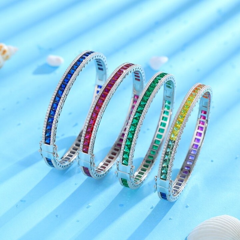 Ruif Jewelry Classic Design S925 Silver Synthetic Emerald  Lab Sapphire/Ruby Bracelet Princess Cut Gemstone Jewelry