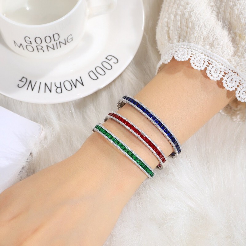 Ruif Jewelry Classic Design S925 Silver Synthetic Emerald  Lab Sapphire/Ruby Bracelet Princess Cut Gemstone Jewelry