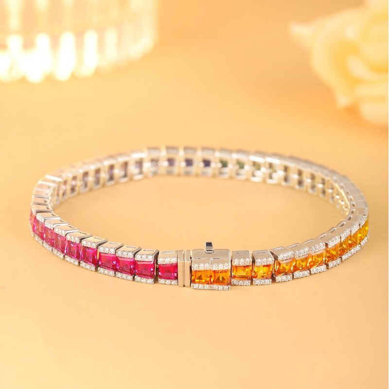 Ruif Jewelry Classic Design S925 Silver 8.57ct Lab Grown Sapphire Bracelet Rainbow Bracelet Trapezoid Shape Gemstone Jewelry