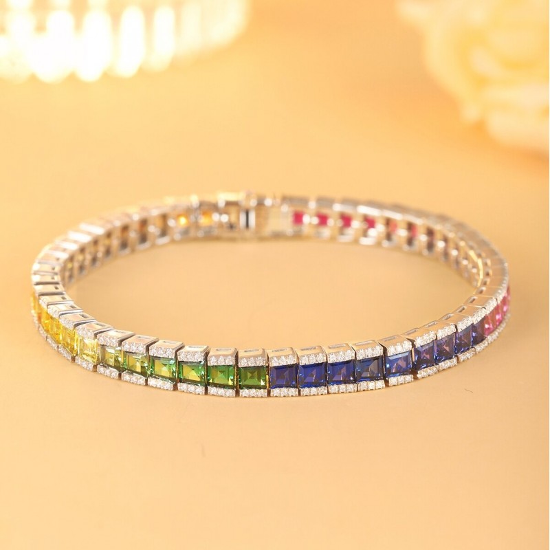 Ruif Jewelry Classic Design S925 Silver 8.57ct Lab Grown Sapphire Bracelet Rainbow Bracelet Trapezoid Shape Gemstone Jewelry