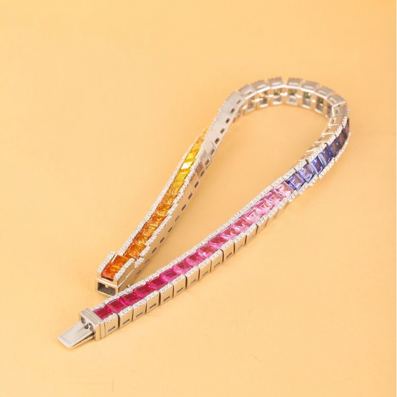 Ruif Jewelry Classic Design S925 Silver 8.57ct Lab Grown Sapphire Bracelet Rainbow Bracelet Trapezoid Shape Gemstone Jewelry