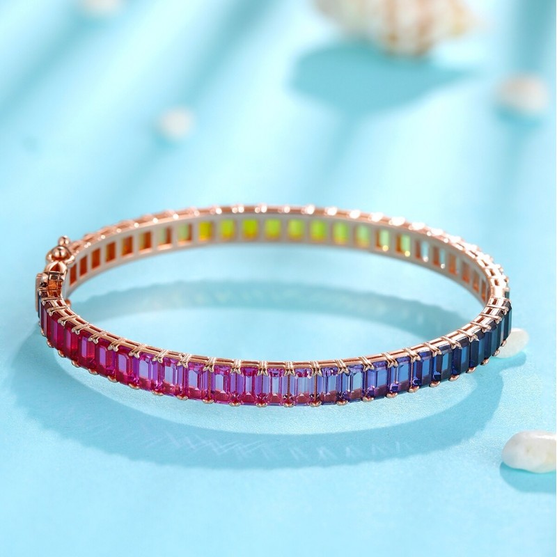 Ruif Jewelry Classic Design S925 Silver Lab Grown Sapphire Bracelet Rainbow Bracelet Emerald Cut Gemstone Jewelry