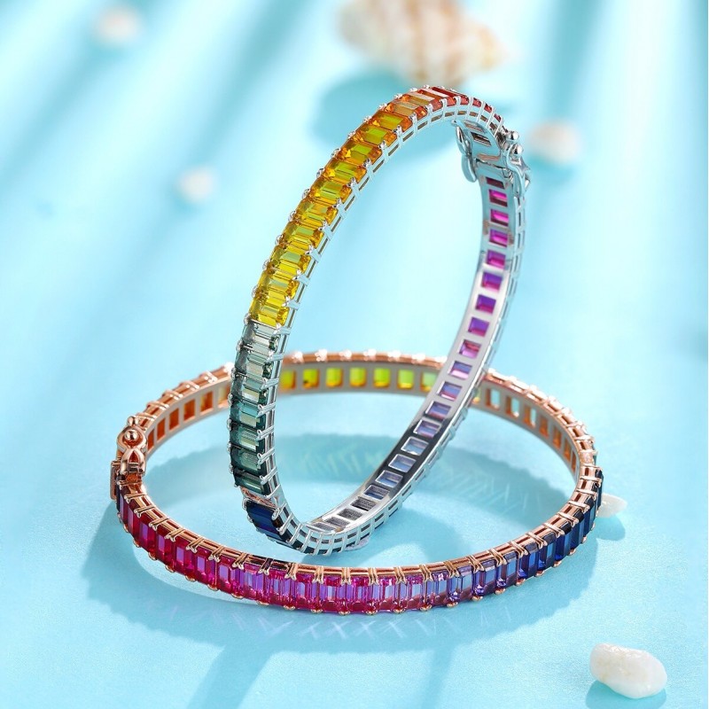 Ruif Jewelry Classic Design S925 Silver Lab Grown Sapphire Bracelet Rainbow Bracelet Emerald Cut Gemstone Jewelry