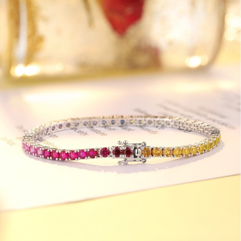 Ruif Jewelry Classic Design S925 Silver 10.2ct Lab Grown Sapphire Bracelet Rainbow Color Round Shape Gemstone Jewelry