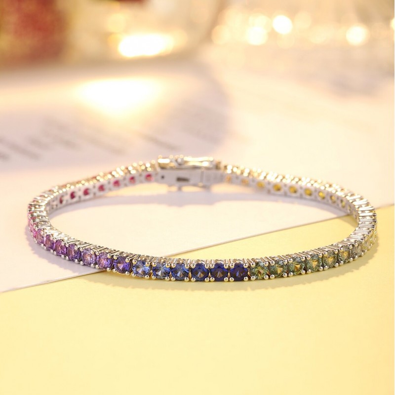 Ruif Jewelry Classic Design S925 Silver 10.2ct Lab Grown Sapphire Bracelet Rainbow Color Round Shape Gemstone Jewelry