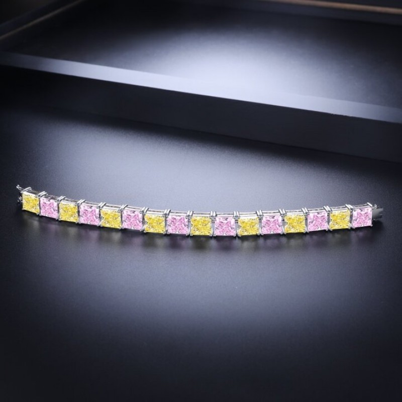 Ruif Jewelry Classic Design S925 Silver 2ctx16pcs Princess Cut Pink/Yellow Color Simulated Diamond Bracelet Wedding Bands