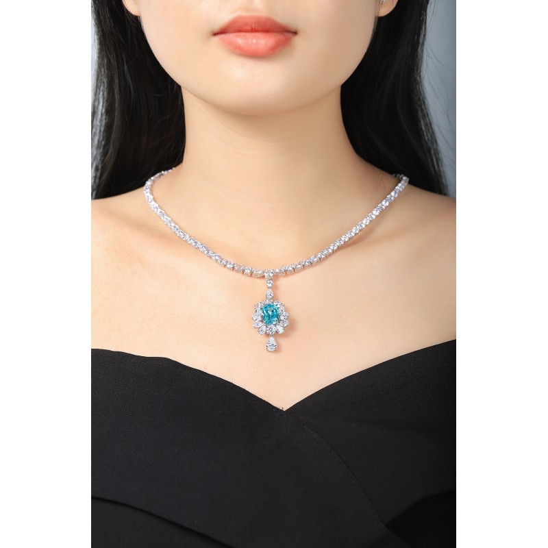 Ruif Jewelry Classic Design S925 Silver  8.1ct Lab Grown Paraiba Sapphire Pendant Necklace Gemstone Jewelry