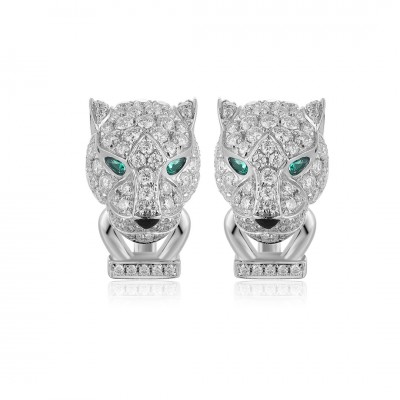 Ruif Jewelry Classic Design 9K White Gold synthetic Emerald Earrings Leopard Head Earrings Gemstone Jewelry