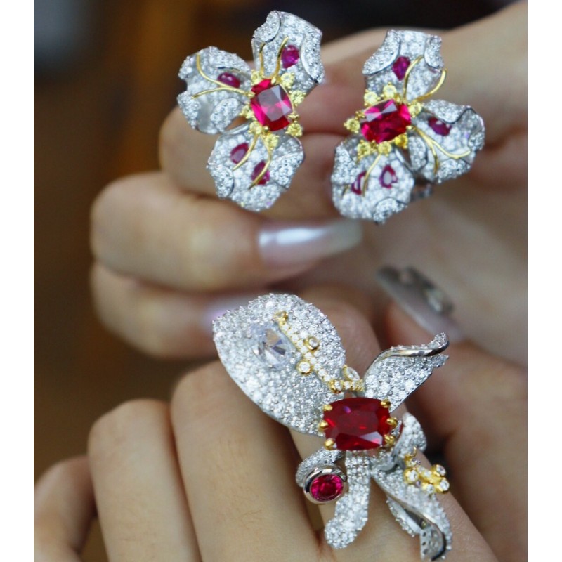 Ruif Jewelry Flower Earrings S925 Silver Earrings Red Color 5A Cubic Zircona Gemstone Fashion Jewelry