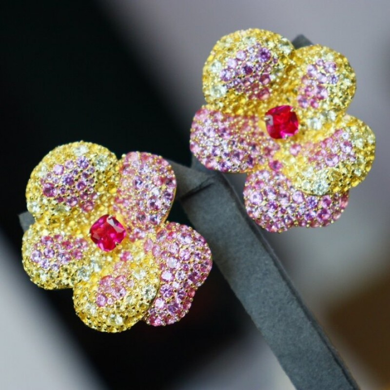 Ruif Jewelry Flower Earrings S925 Silver Earrings Red Color 5A Cubic Zircona Gemstone Fashion Jewelry