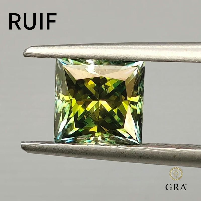 Ruif Jewelry Blue Green Color Princess Cut Moissanite Stones VVS1 Passed Diamond Tester with GRA Report