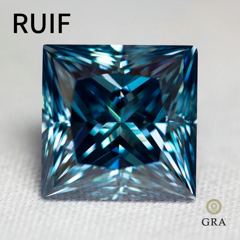 Ruif Jewelry Sapphire Blue Moissanite Lab Diamonds Princess Cut 1.0-5.0ct Certified Moissanite Stones Positive Pass Tester , GRA Certificate