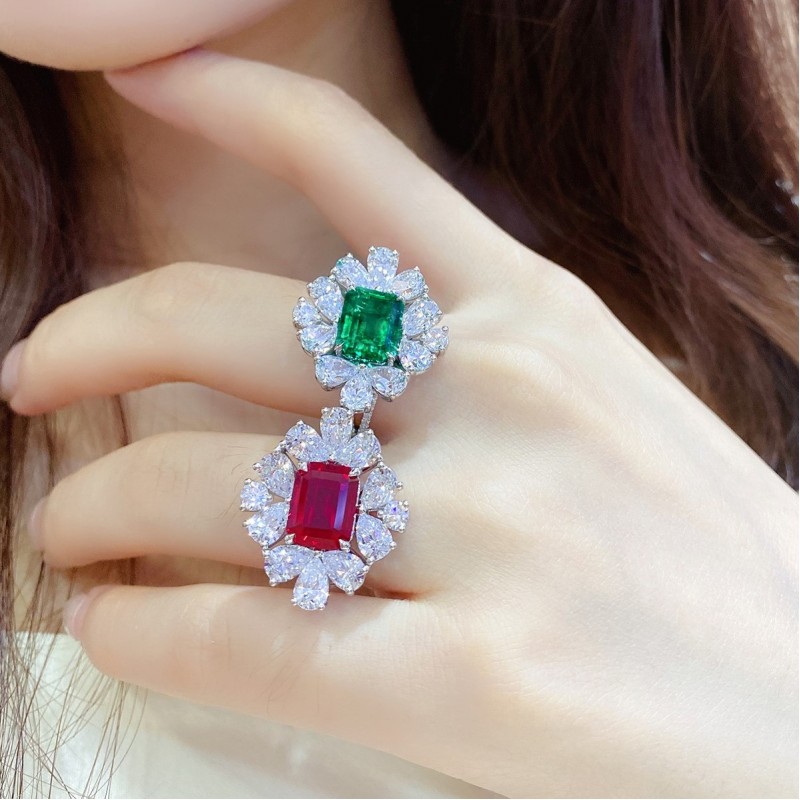 Ruif Jewelry Classic Design S925 Silver 2.76ct Lab Grown Emerald And Ruby Ring Wedding Bands