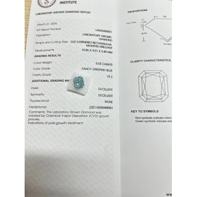 Ruif Jewelry New Intense Blue/Blue-Green Color 5.03/5.52/5.9ct Radiant Cut Lab Grown Diamond IGI Certificate CVD VS2 diamond for Jewelry Making